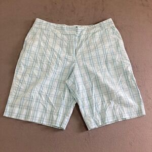 IZOD Womens Plaid Golf Shorts Light Blue Green Stretch Size 10 Flat Front